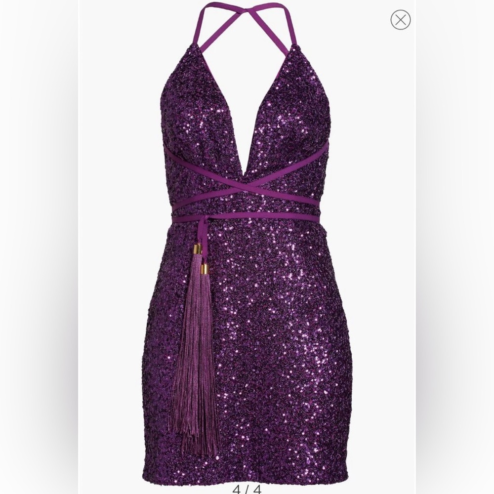 Sequined Purple Crisscross Halter Mini Dress